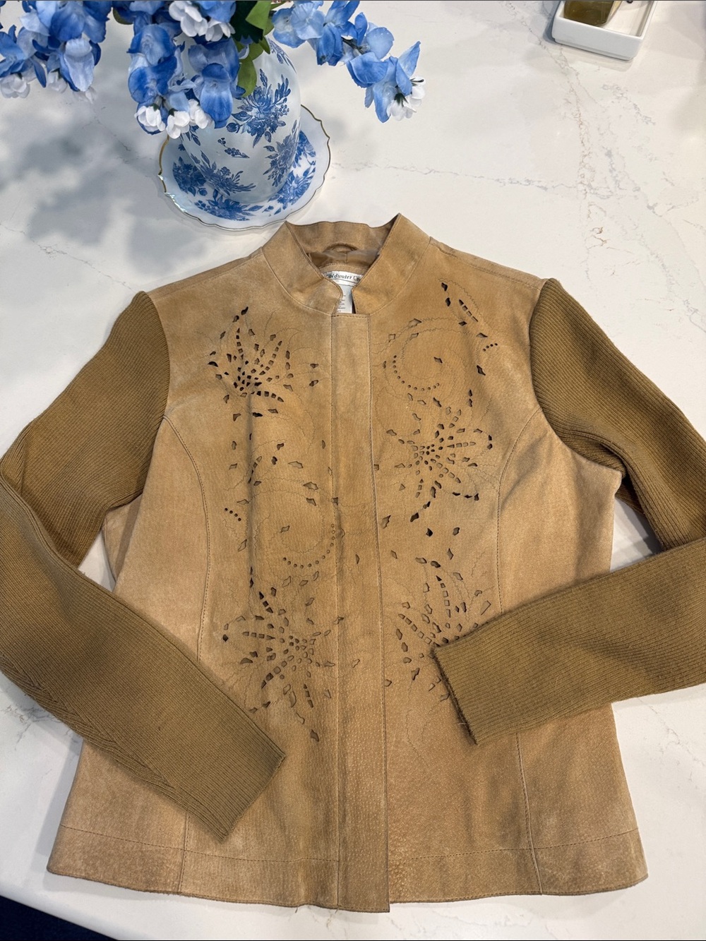Women's Tan Suede Jacket with olive-tan Knit Sleeves S. Coldwater Creek